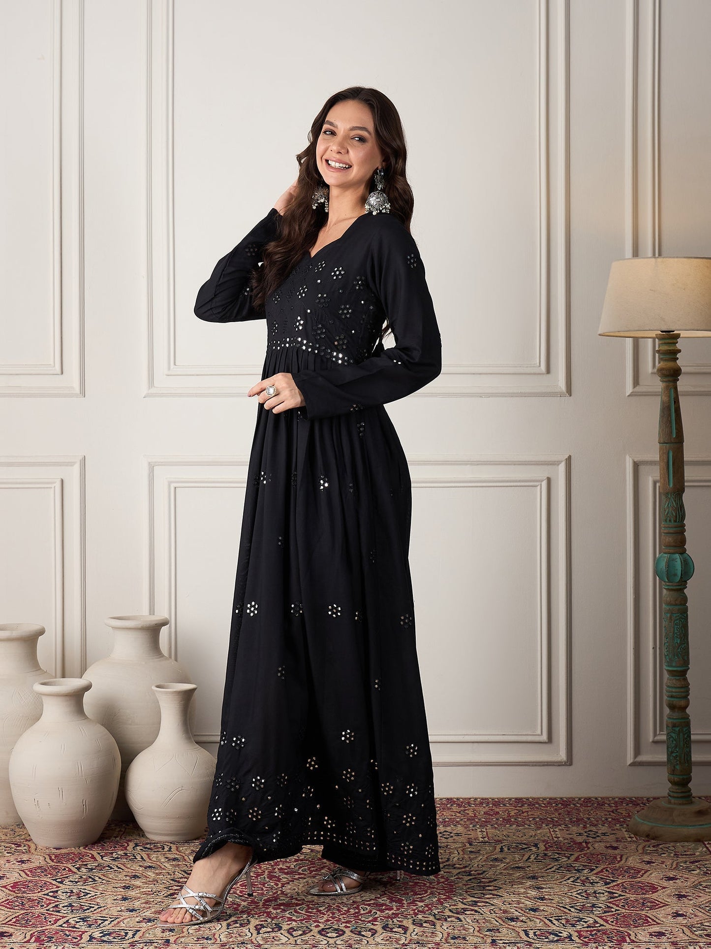 InWeave Black Mirror Work Long Anarkali Kurta - Swadesiicart