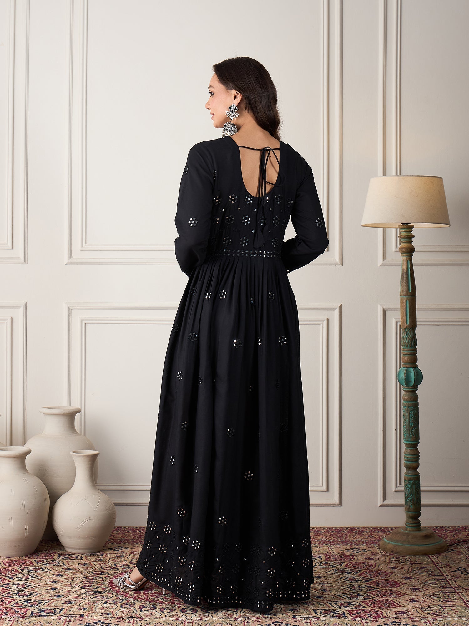 InWeave Black Mirror Work Long Anarkali Kurta - Swadesiicart