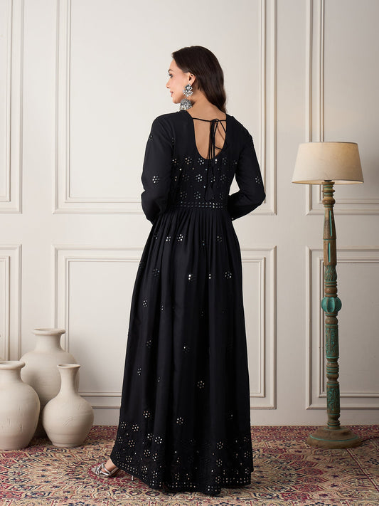 InWeave Black Mirror Work Long Anarkali Kurta - Swadesiicart