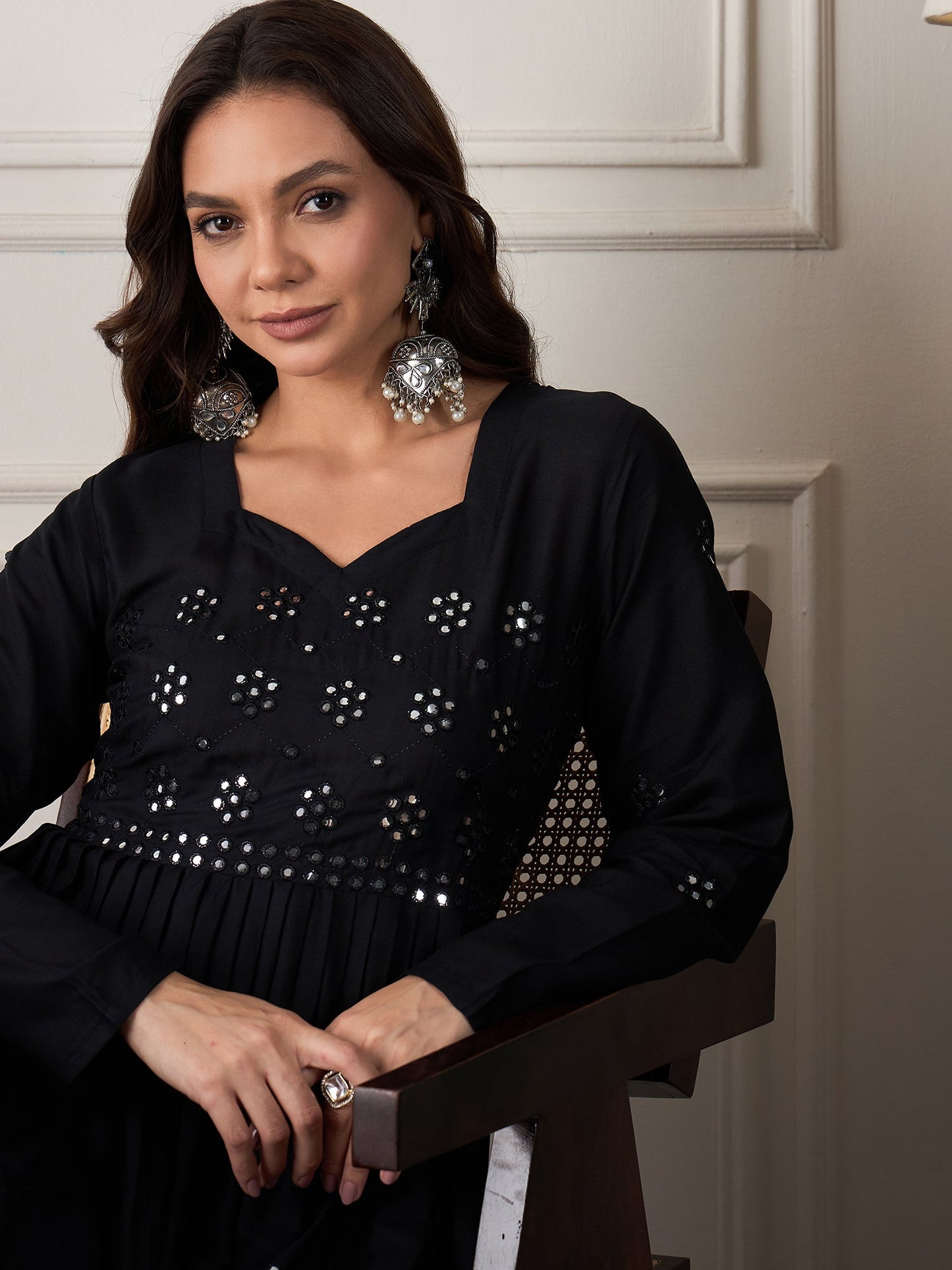 InWeave Black Mirror Work Long Anarkali Kurta - Swadesiicart