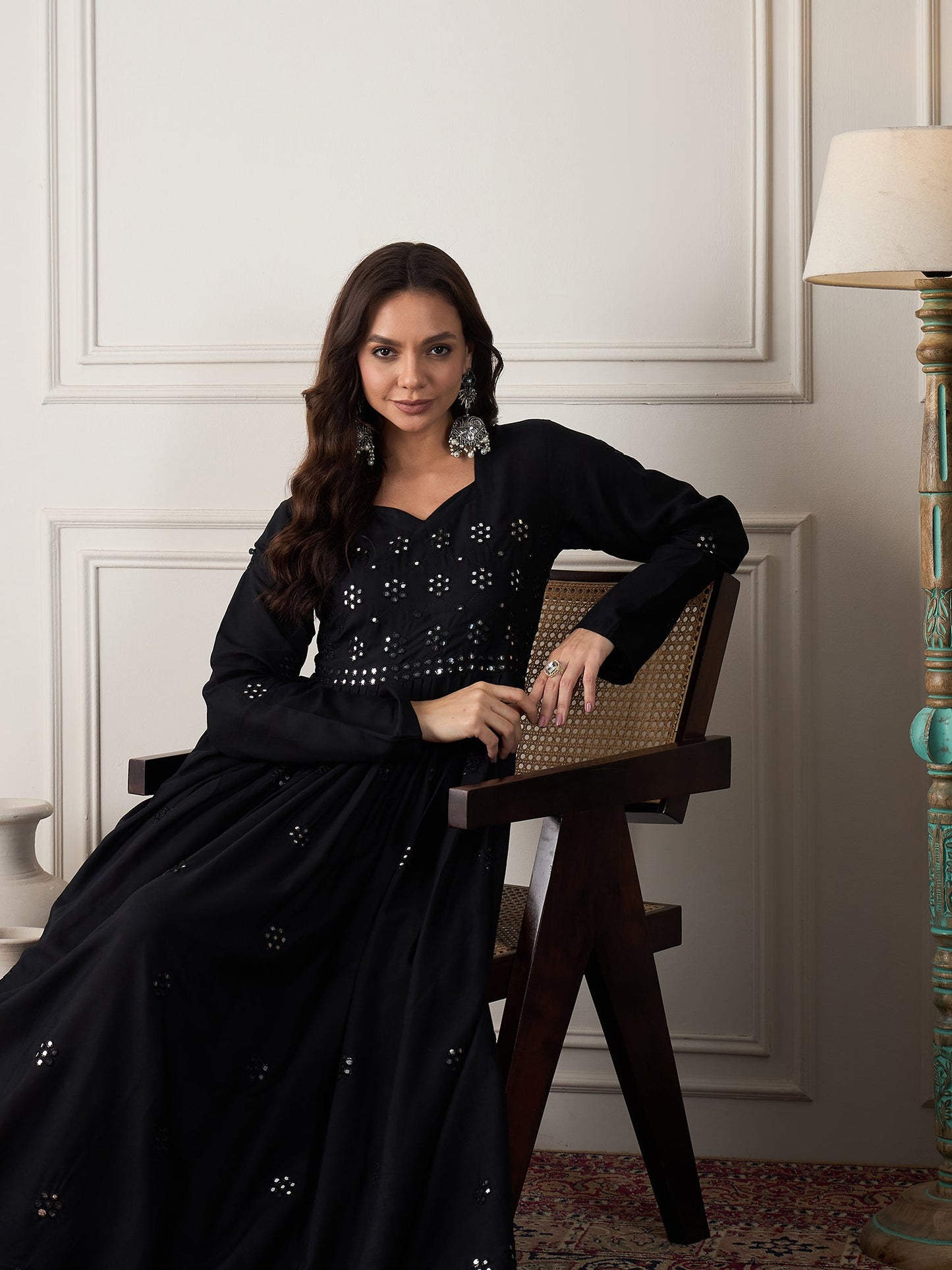InWeave Black Mirror Work Long Anarkali Kurta - Swadesiicart