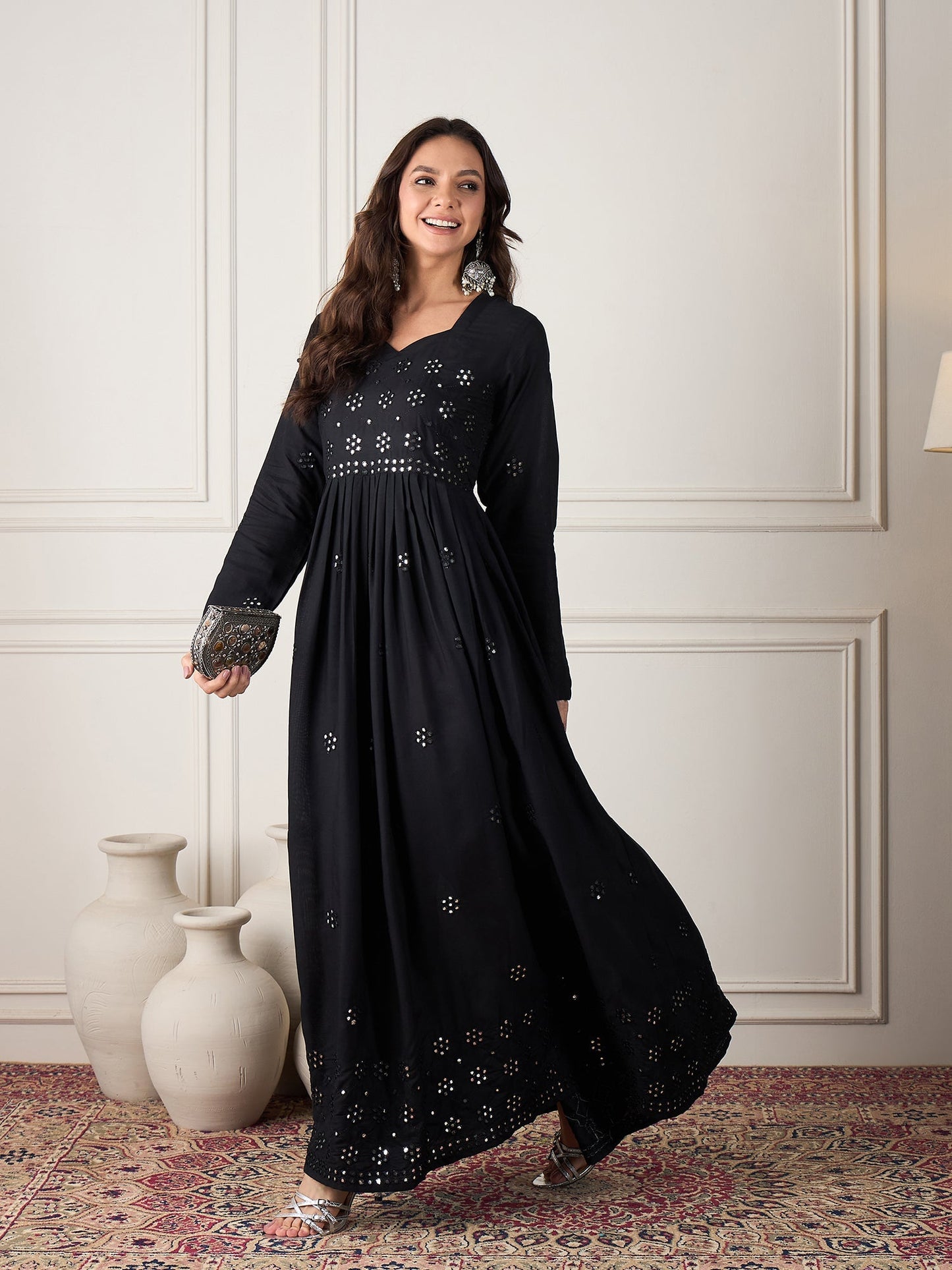 InWeave Black Mirror Work Long Anarkali Kurta - Swadesiicart