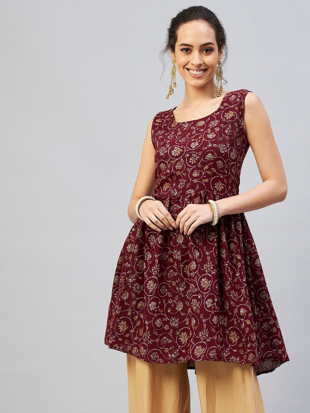 InWeave Women's Burgundy Silver Gold Printed Kurta - Swadesiicart