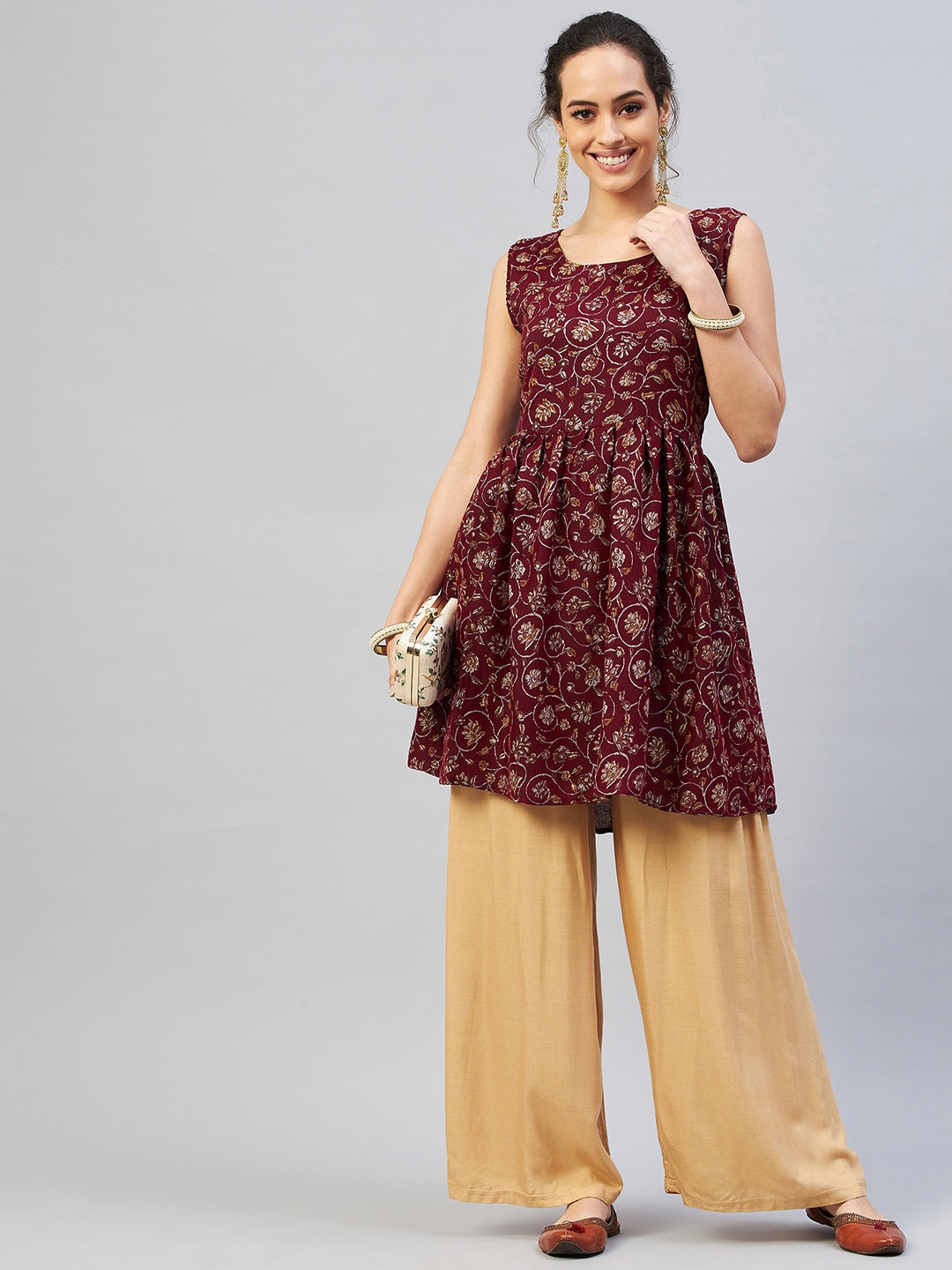 InWeave Women's Burgundy Silver Gold Printed Kurta - Swadesiicart