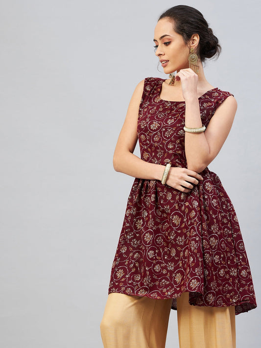 InWeave Women's Burgundy Silver Gold Printed Kurta - Swadesiicart