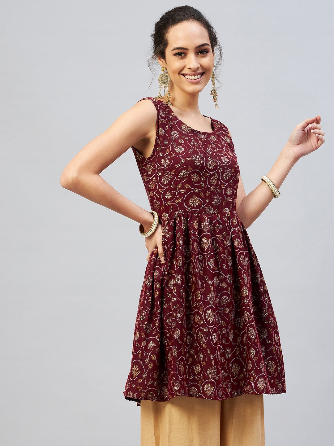 InWeave Women's Burgundy Silver Gold Printed Kurta - Swadesiicart