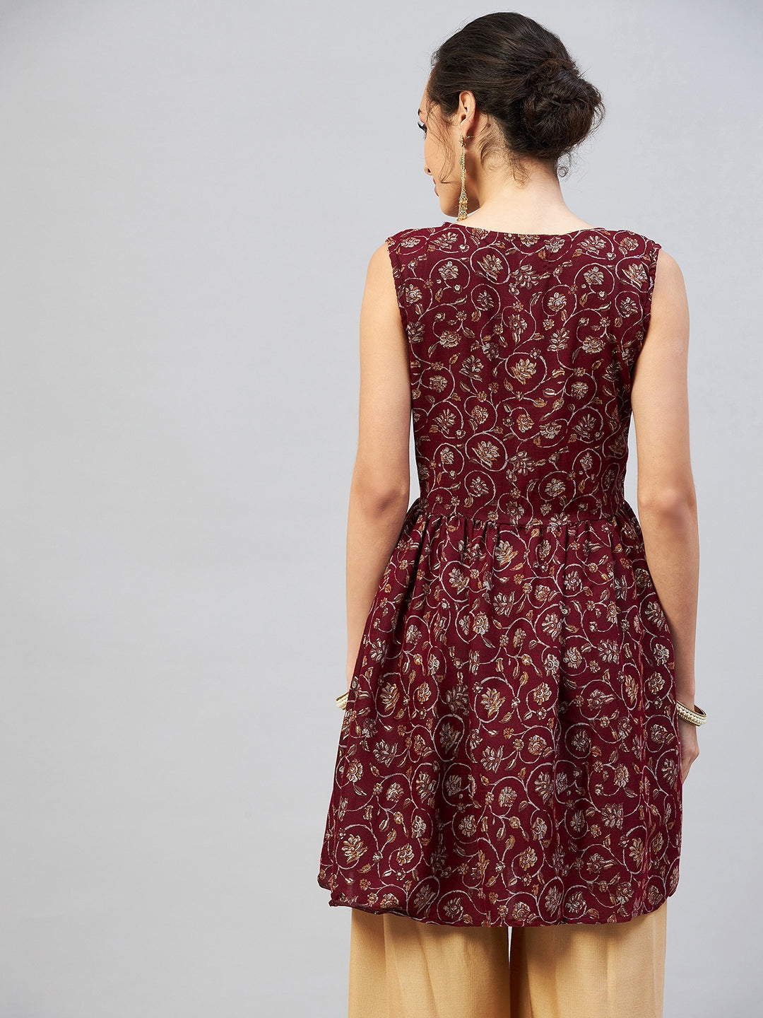 InWeave Women's Burgundy Silver Gold Printed Kurta - Swadesiicart