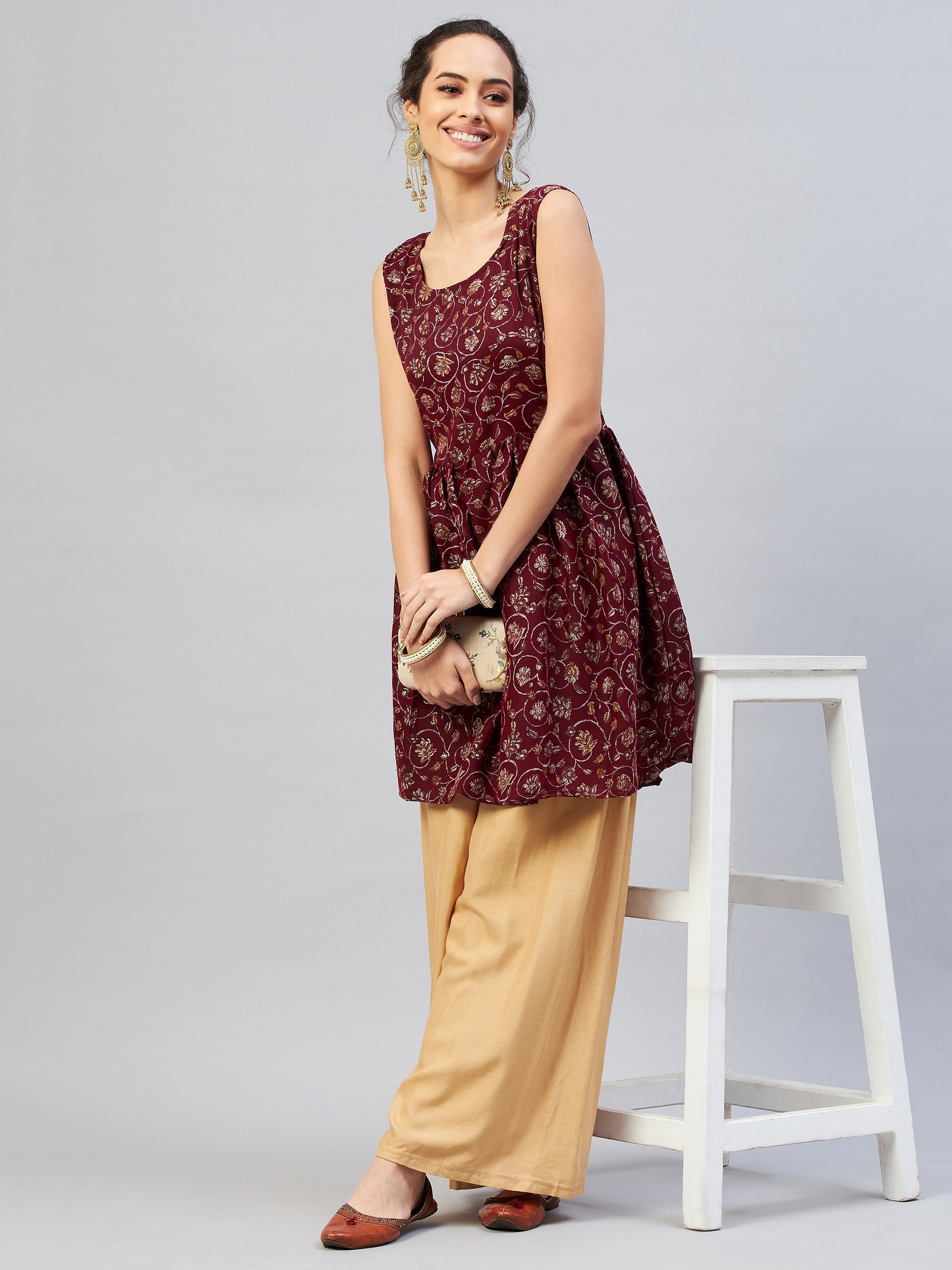 InWeave Women's Burgundy Silver Gold Printed Kurta - Swadesiicart