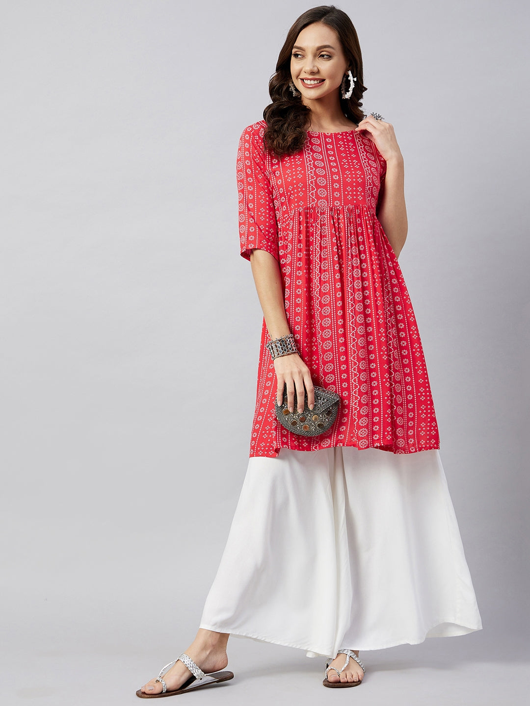 InWeave Women's Red Bandhani Shrot Anarkali Kurta - Swadesiicart