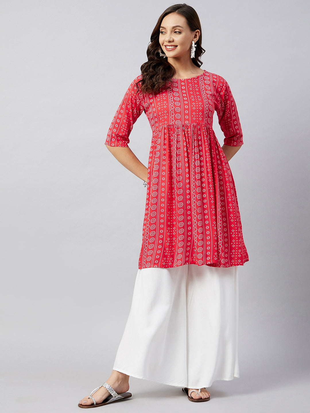 InWeave Women's Red Bandhani Shrot Anarkali Kurta - Swadesiicart