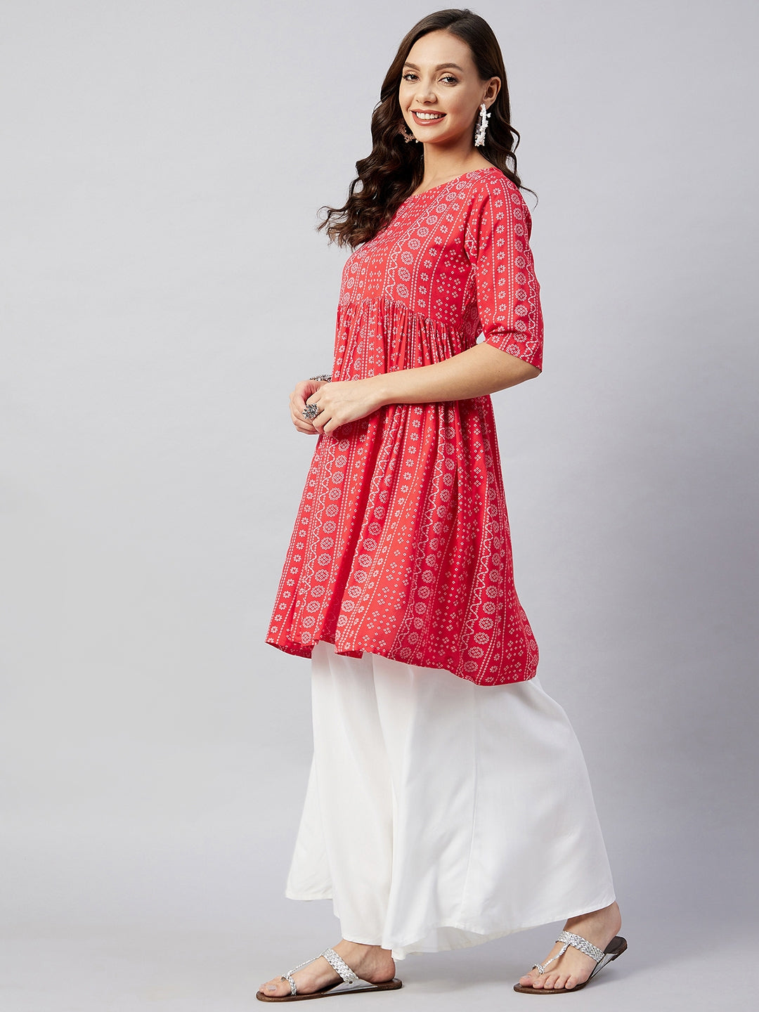 InWeave Women's Red Bandhani Shrot Anarkali Kurta - Swadesiicart