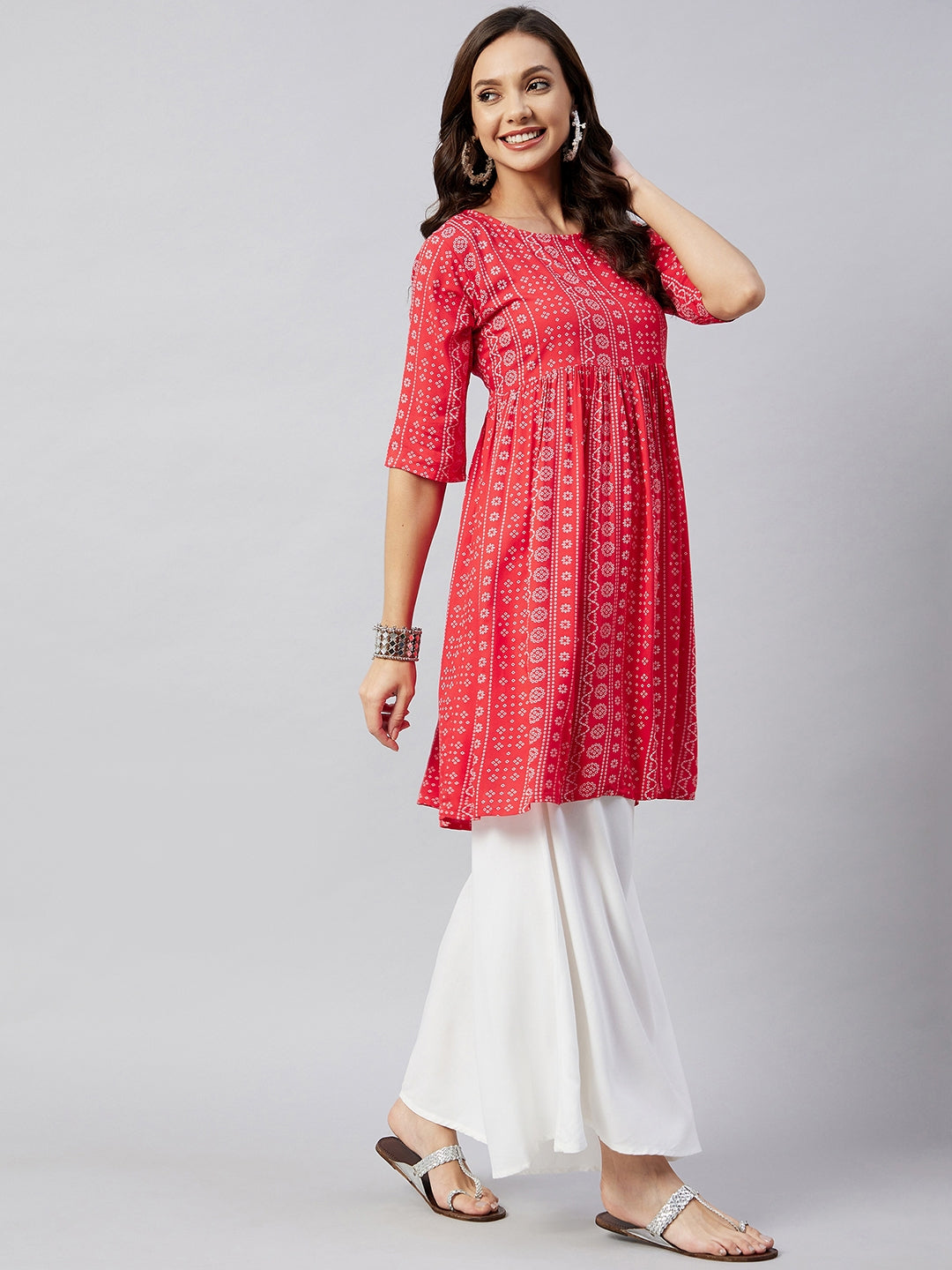 InWeave Women's Red Bandhani Shrot Anarkali Kurta - Swadesiicart