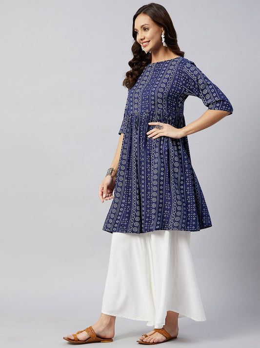 InWeave Women's Blue Bandhani Shrot Anarkali Kurta - Swadesiicart