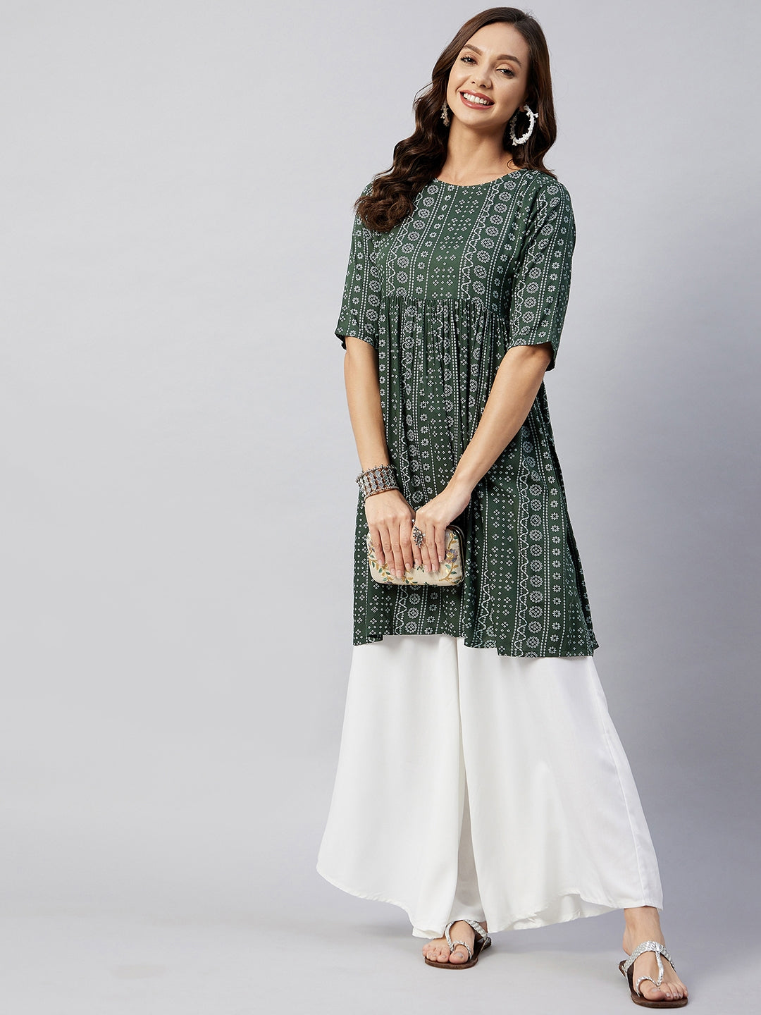 InWeave Women's Green Bandhani Shrot Anarkali Kurta - Swadesiicart