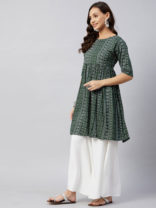 InWeave Women's Green Bandhani Shrot Anarkali Kurta - Swadesiicart