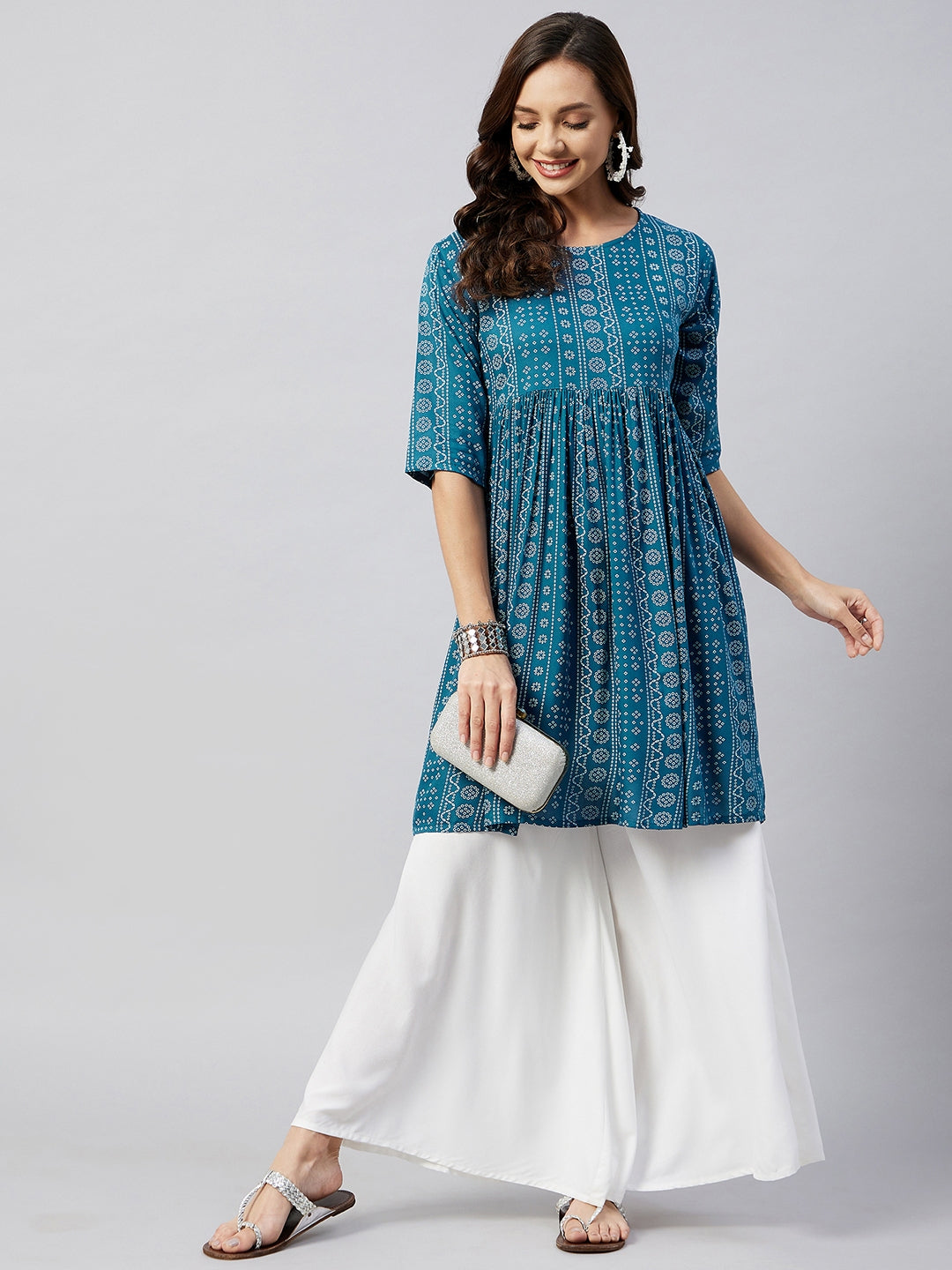 InWeave Women's Ocean Bandhani Shrot Anarkali Kurta - Swadesiicart
