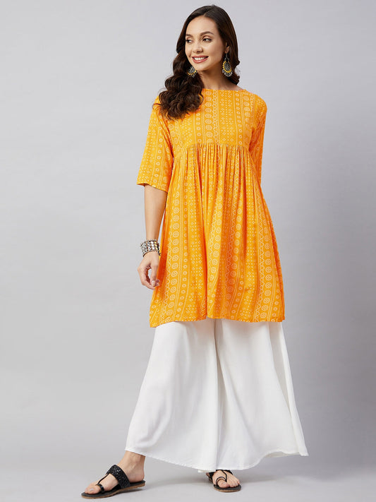 InWeave Women's Yellow Bandhani Short Anarkali Kurta - Swadesiicart