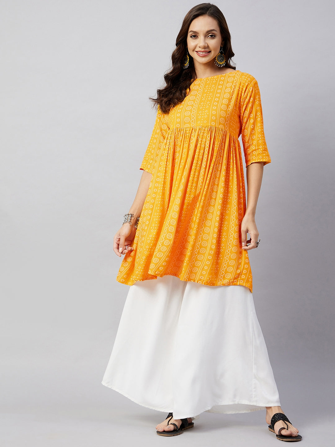 InWeave Women's Yellow Bandhani Short Anarkali Kurta - Swadesiicart