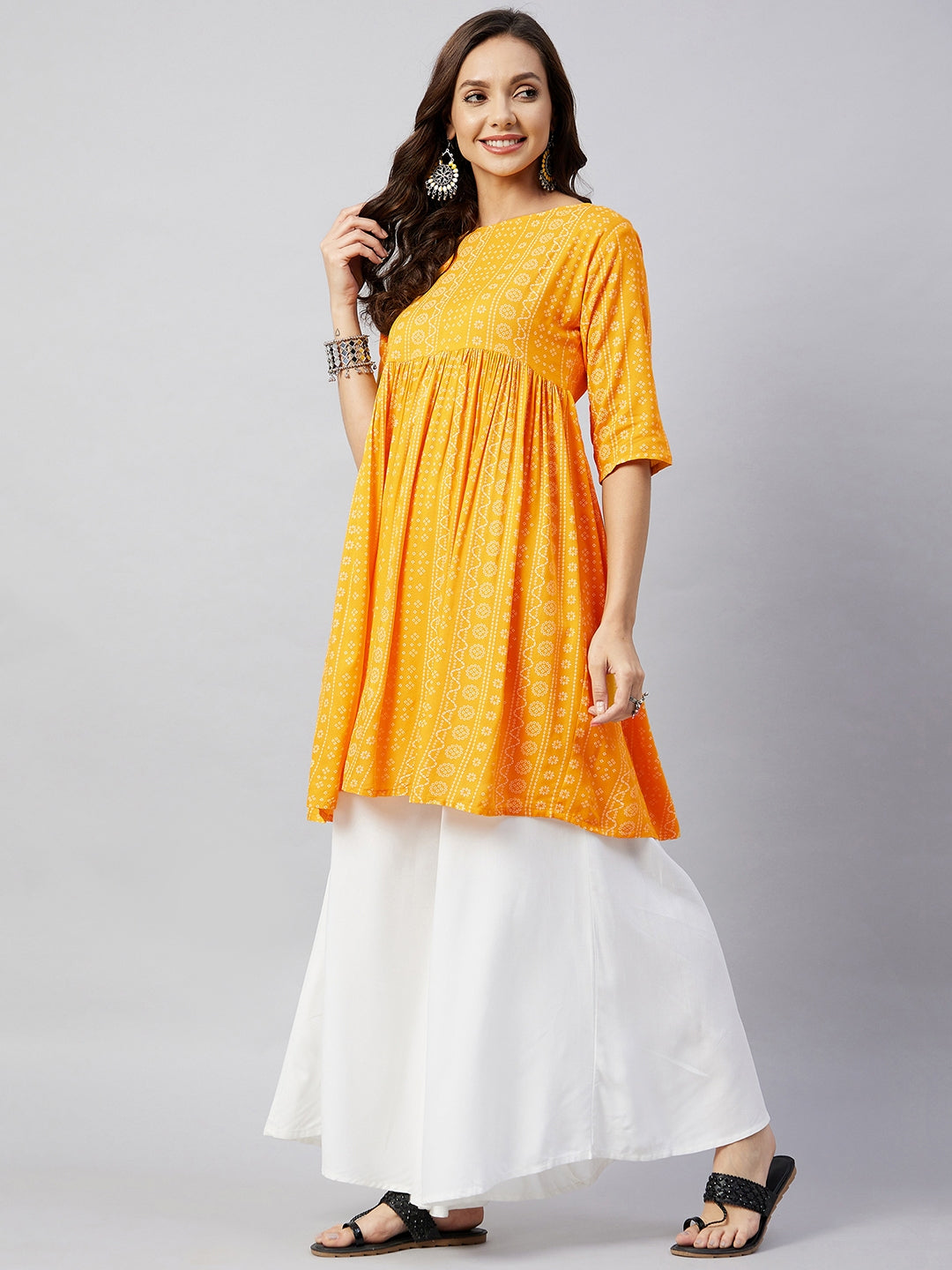 InWeave Women's Yellow Bandhani Short Anarkali Kurta - Swadesiicart