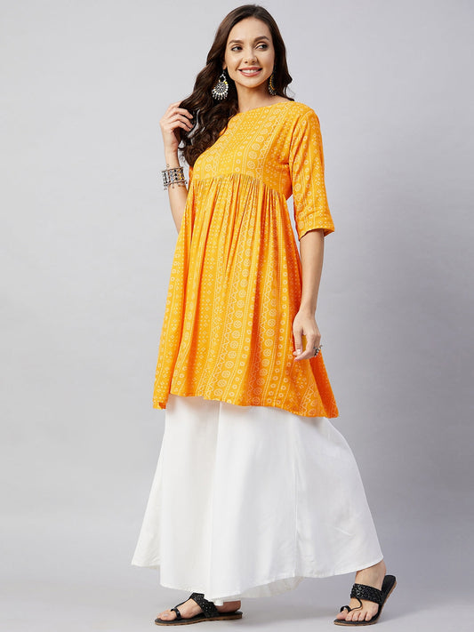InWeave Women's Yellow Bandhani Short Anarkali Kurta - Swadesiicart