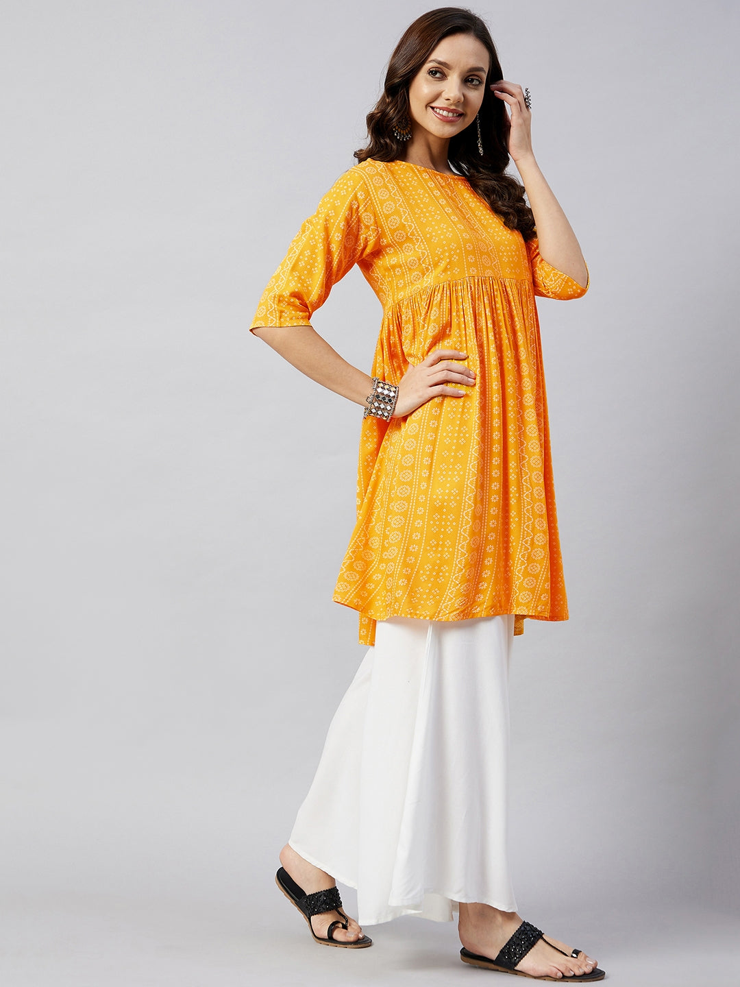 InWeave Women's Yellow Bandhani Short Anarkali Kurta - Swadesiicart