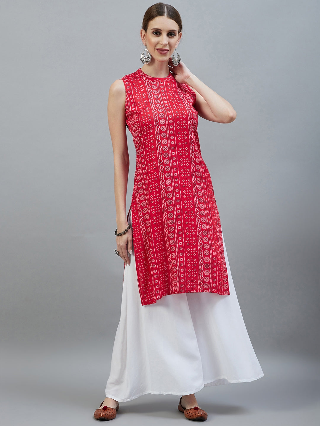 InWeave Women's Red Bandhej Halter Kurta - Swadesiicart
