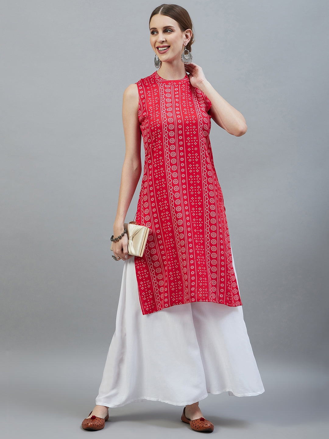 InWeave Women's Red Bandhej Halter Kurta - Swadesiicart