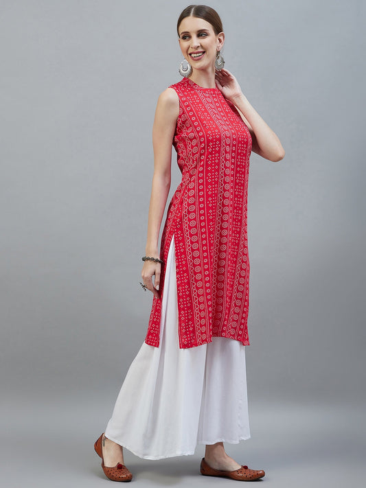 InWeave Women's Red Bandhej Halter Kurta - Swadesiicart