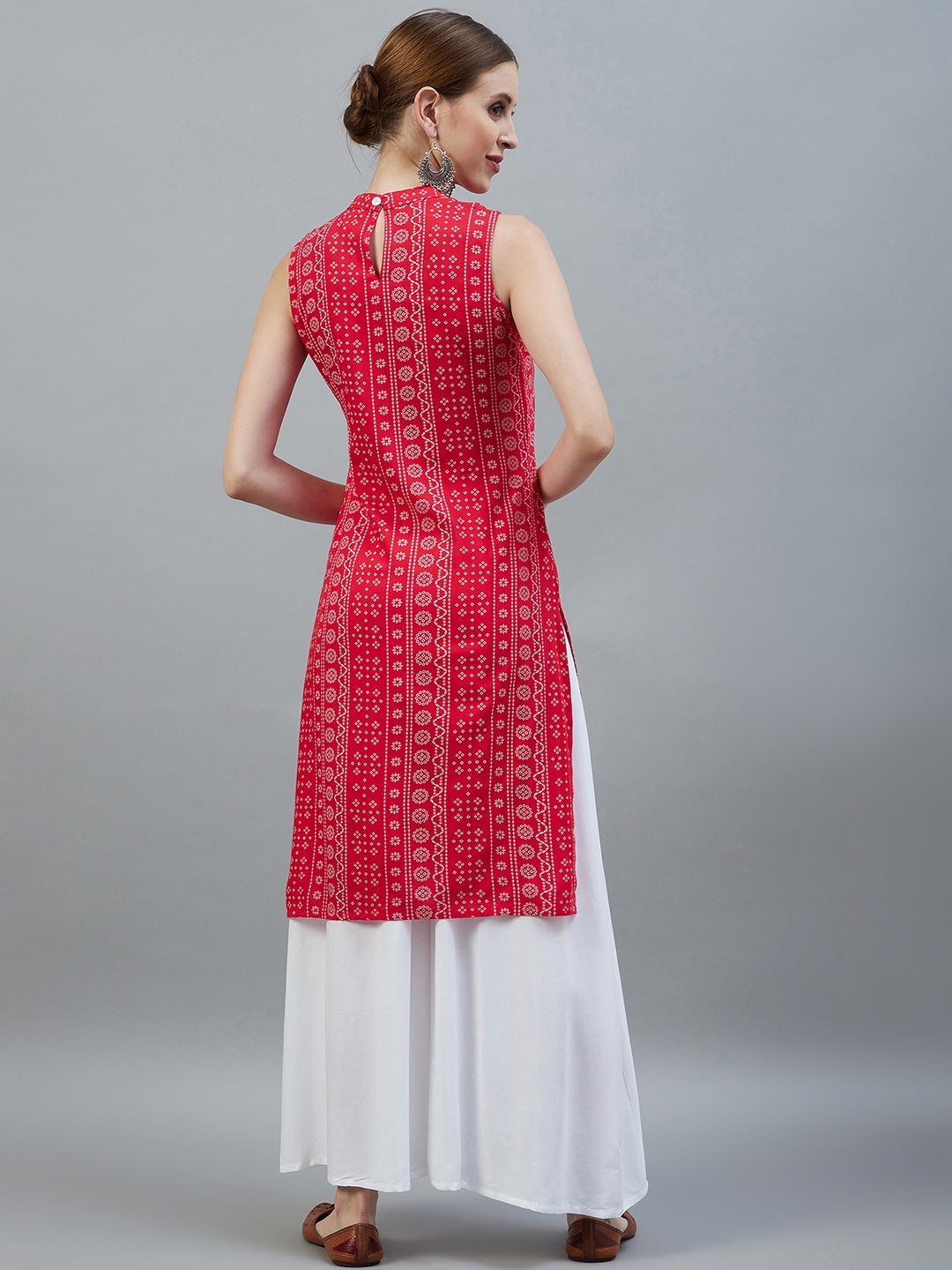 InWeave Women's Red Bandhej Halter Kurta - Swadesiicart