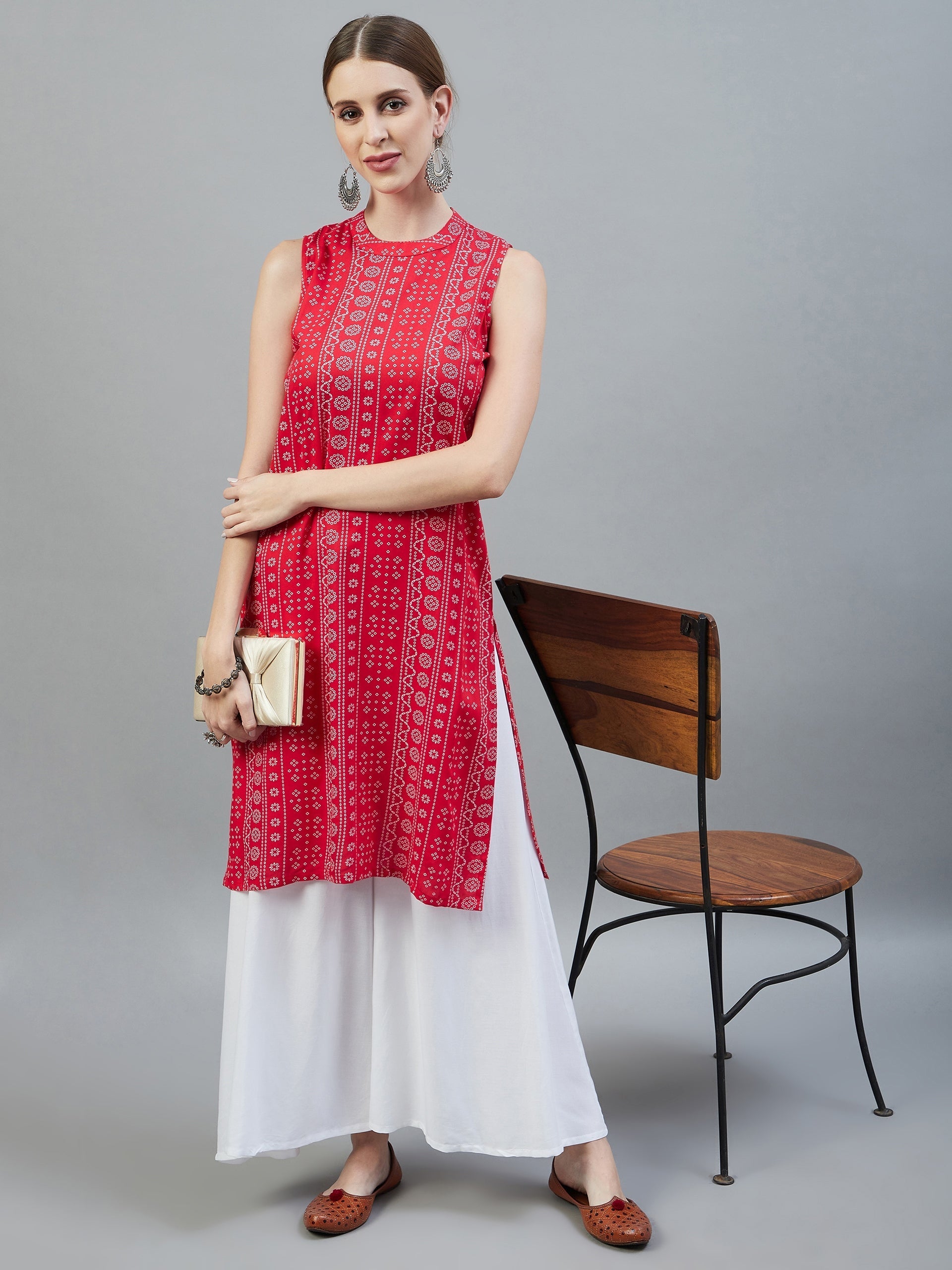 InWeave Women's Red Bandhej Halter Kurta - Swadesiicart