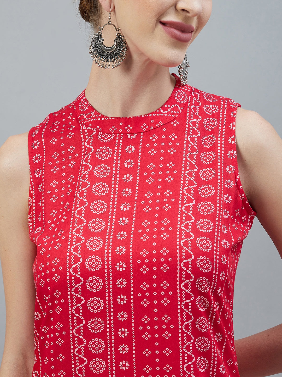 InWeave Women's Red Bandhej Halter Kurta - Swadesiicart