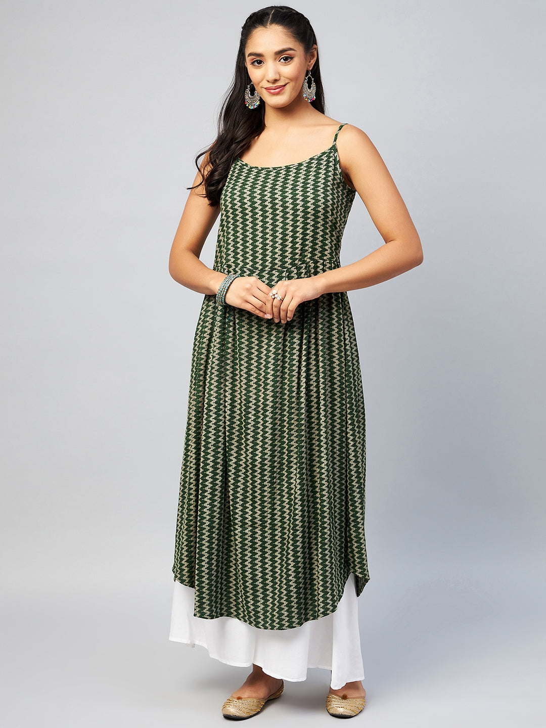 InWeave Women's Green Zig Zag Print Strappy Kurta - Swadesiicart