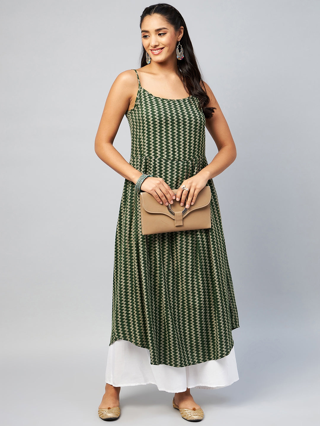 InWeave Women's Green Zig Zag Print Strappy Kurta - Swadesiicart