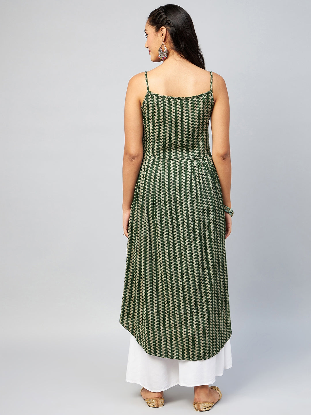 InWeave Women's Green Zig Zag Print Strappy Kurta - Swadesiicart