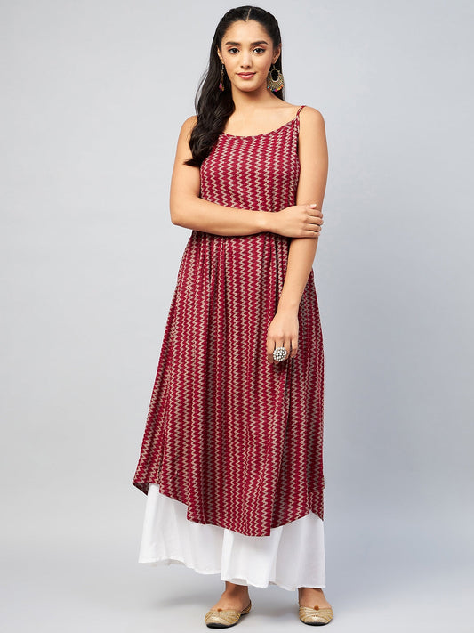 InWeave Women's Maroon Zig Zag Print Strappy Kurta - Swadesiicart