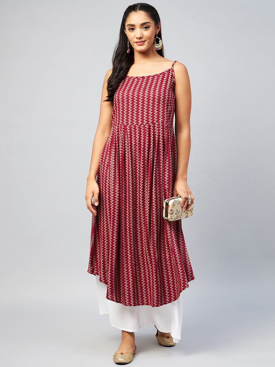 InWeave Women's Maroon Zig Zag Print Strappy Kurta - Swadesiicart