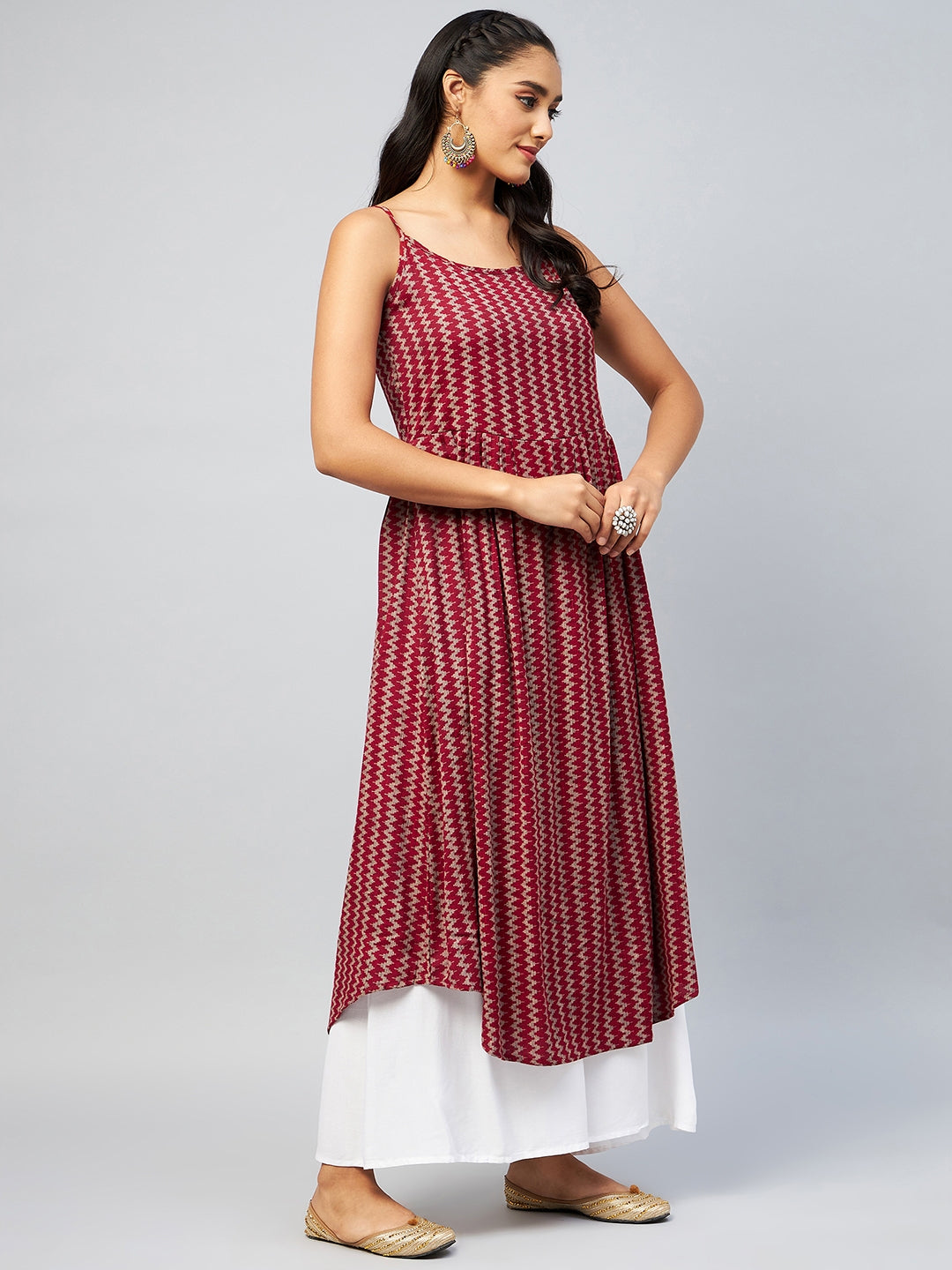 InWeave Women's Maroon Zig Zag Print Strappy Kurta - Swadesiicart