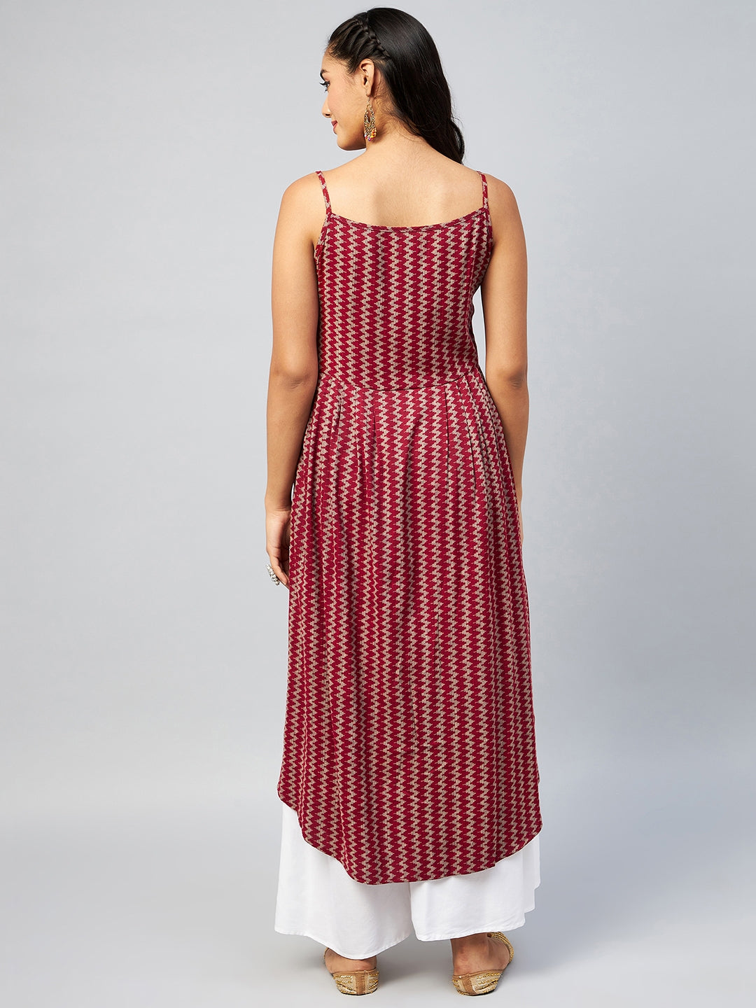 InWeave Women's Maroon Zig Zag Print Strappy Kurta - Swadesiicart