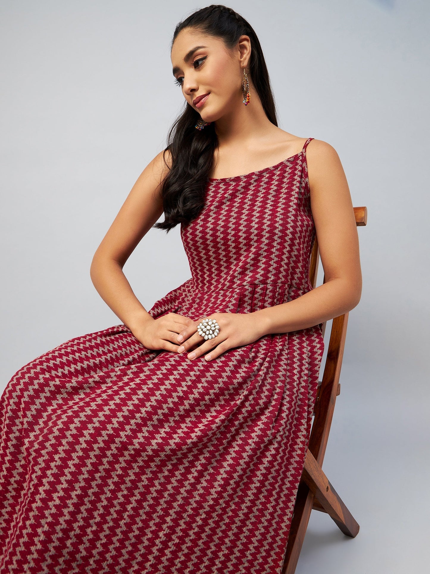 InWeave Women's Maroon Zig Zag Print Strappy Kurta - Swadesiicart