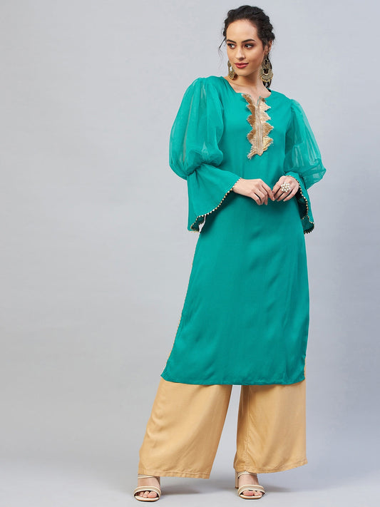 InWeave Women's Aqua Blue Organza Sleeve Gota Work Kurta - Swadesiicart