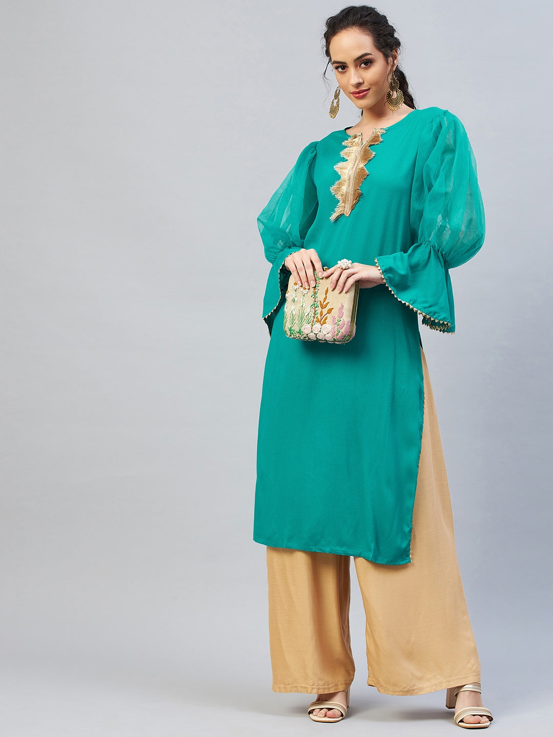InWeave Women's Aqua Blue Organza Sleeve Gota Work Kurta - Swadesiicart