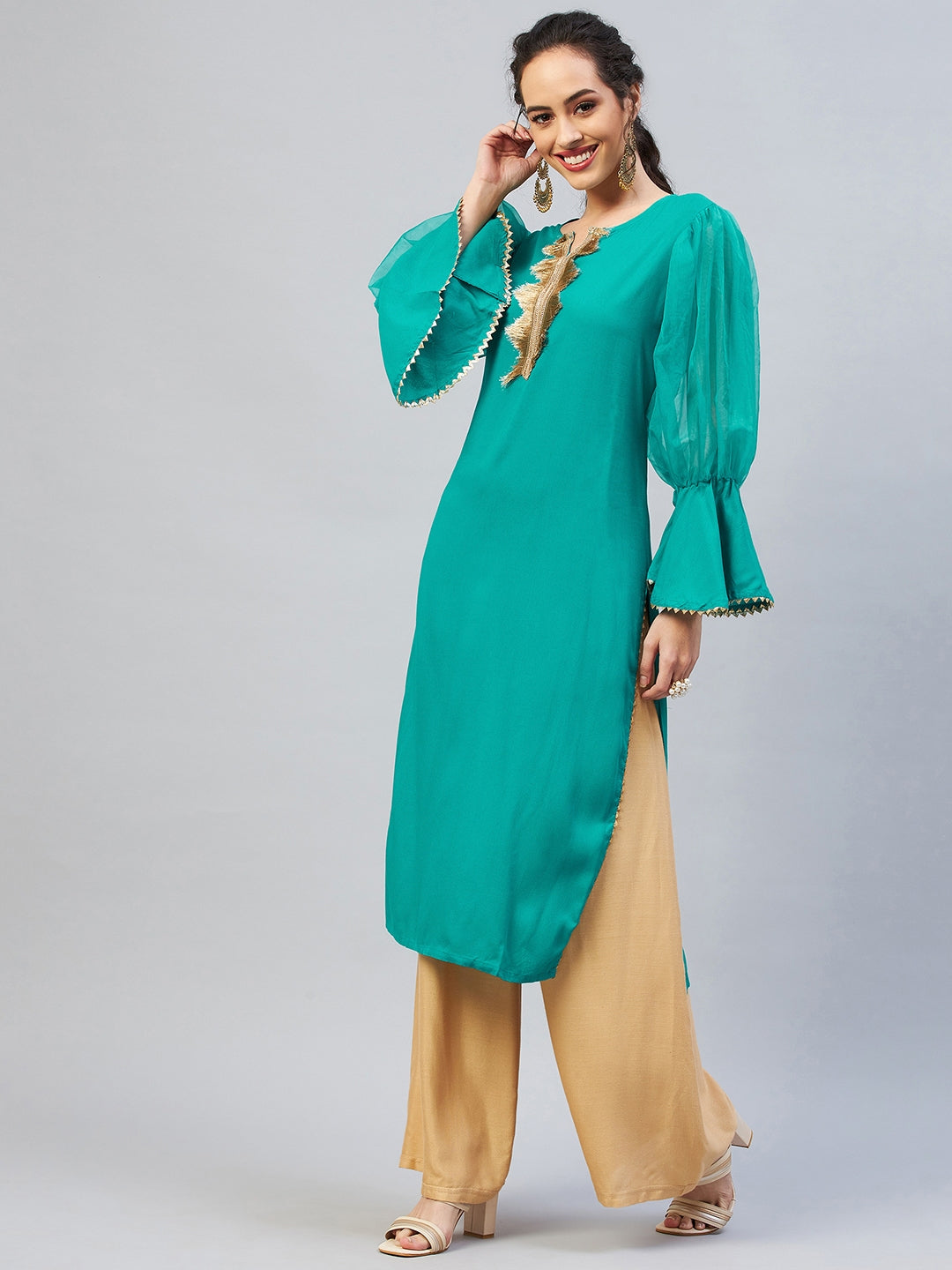 InWeave Women's Aqua Blue Organza Sleeve Gota Work Kurta - Swadesiicart