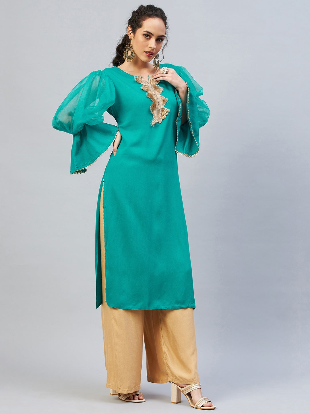 InWeave Women's Aqua Blue Organza Sleeve Gota Work Kurta - Swadesiicart