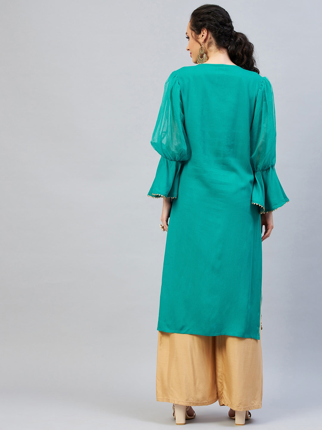 InWeave Women's Aqua Blue Organza Sleeve Gota Work Kurta - Swadesiicart
