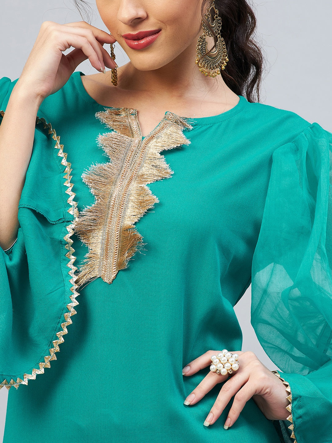 InWeave Women's Aqua Blue Organza Sleeve Gota Work Kurta - Swadesiicart