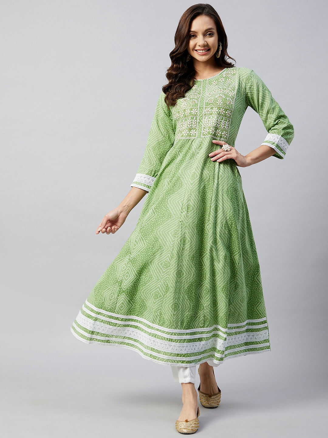 InWeave Women's Mint Green Mirror Work Anarkali Kurta - Swadesiicart