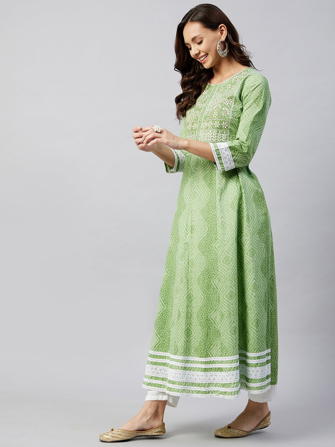 InWeave Women's Mint Green Mirror Work Anarkali Kurta - Swadesiicart
