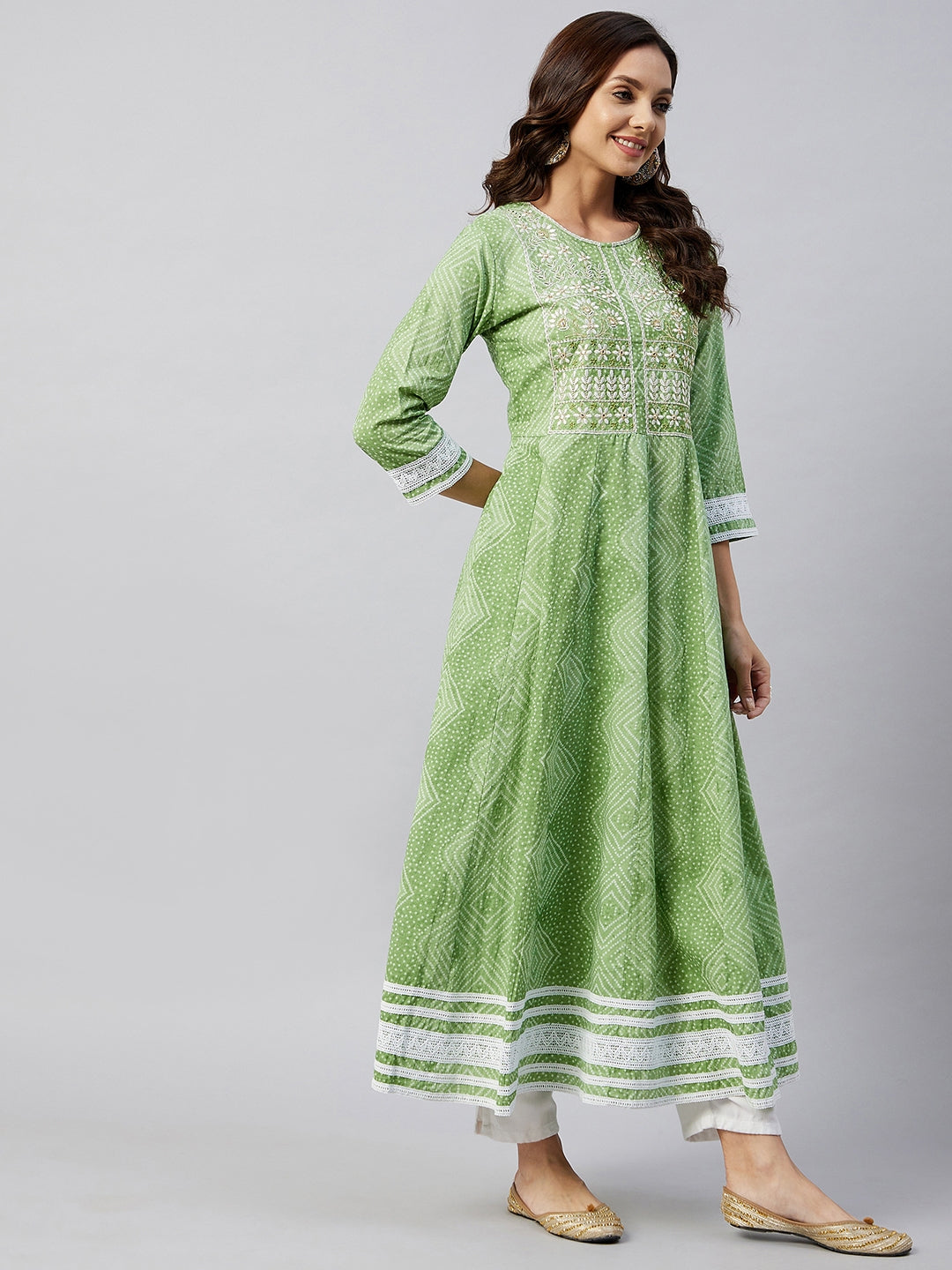 InWeave Women's Mint Green Mirror Work Anarkali Kurta - Swadesiicart
