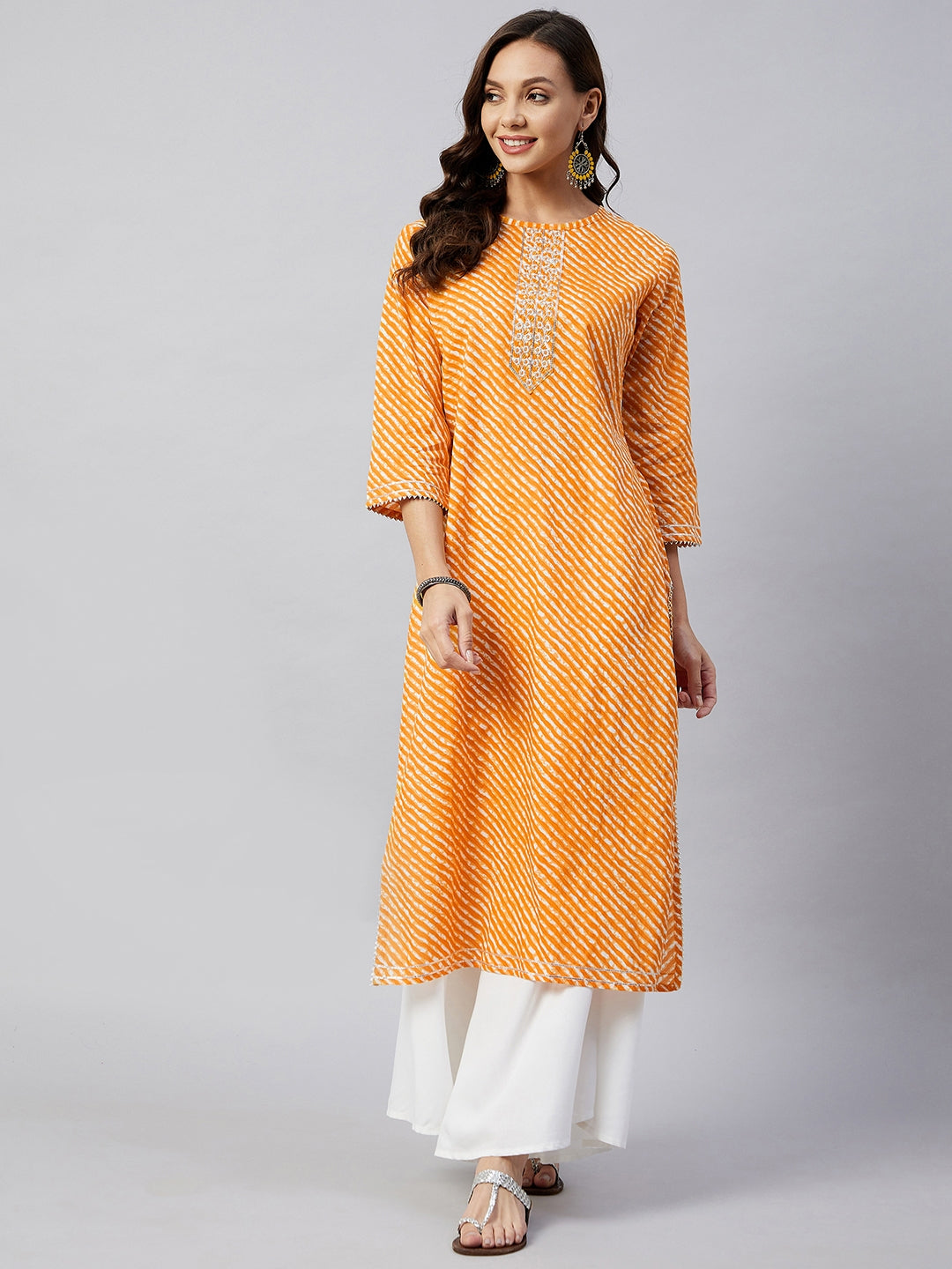 InWeave Women's Mustard Lehriya Work Kurta - Swadesiicart