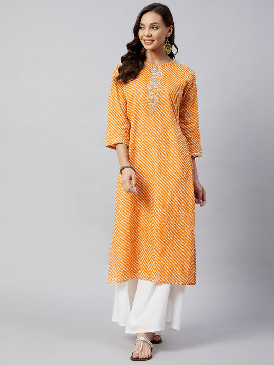 InWeave Women's Mustard Lehriya Work Kurta - Swadesiicart